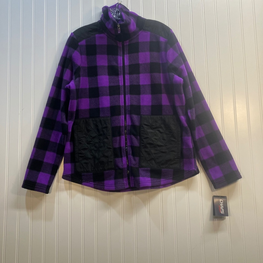 Chaps Sport Womens Purple Black Buffalo Plaid Fleece Full Zip Jacket Large NEW